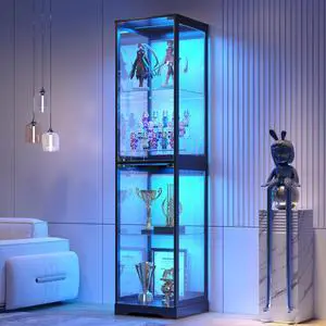 Glass Display Cabinet with Doors, 65" Tall 4-Tier Curio Display Case with 3 Color Lights and Human Body Sensor, Bookcase for Collectibles, Black Glass Display Cabinet with Doors, 65" Tall 4-Tier Curio Display Case with 3 Color Lights and Human Body Sensor, Bookcase for Collectibles, Black