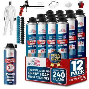 Spray Foam Insulation Kit (12 x 32.80 oz/930 gr - 240 Board feet), Self-Expanding Adhesive Foam, Closed Cell Heat Insulation & Acustic Spray with Cleaner and Dispensing Gun - 12 Pack Spray Foam Insulation Kit (12 x 32.80 oz/930 gr - 240 Board feet), Self-Expanding Adhesive Foam, Closed Cell Heat Insulation & Acustic Spray with Cleaner and Dispensing Gun - 12 Pack