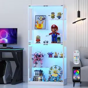 Display Cabinet with Glass Doors - 69" Curio Cabinet for Collectibles with RGB LED Lights and Adjustable Shelves, Glass Display Case for Living Room, Office, Black Display Cabinet with Glass Doors - 69" Curio Cabinet for Collectibles with RGB LED Lights and Adjustable Shelves, Glass Display Case for Living Room, Office, Black