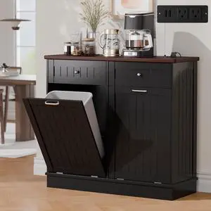 Double Tilt Out Trash Cabinet with Power Outlet & USB, Hidden Garbage Can Holder with 2 Storage Drawers, Wooden Laundry Hamper for Kitchen, Bathroom, Living Room, Black Double Tilt Out Trash Cabinet with Power Outlet & USB, Hidden Garbage Can Holder with 2 Storage Drawers, Wooden Laundry Hamper for Kitchen, Bathroom, Living Room, Black