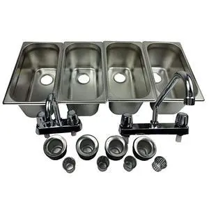 Standard 4-Compartment Drop-in Stainless Steel Concession Sink Set | Portable 4-basin sink with Dual faucet, bar drains, and basket strainers included. for food truck and concession stands Standard 4-Compartment Drop-in Stainless Steel Concession Sink Set | Portable 4-basin sink with Dual faucet, bar drains, and basket strainers included. for food truck and concession stands