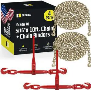 DC Cargo Chain Binder Kit (2 Sets) | 5/16" Grade 70 Extra Long 10 Foot Chain - and Load Binder Set | Heavy Duty Ratcheting Chain and Binder | Load Chain and Binders 4,700lb Working Load Limit As Set DC Cargo Chain Binder Kit (2 Sets) | 5/16" Grade 70 Extra Long 10 Foot Chain - and Load Binder Set | Heavy Duty Ratcheting Chain and Binder | Load Chain and Binders 4,700lb Working Load Limit As Set