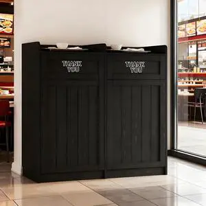 Double 40 Gallon Restaurant Trash Can Cabinet, Wooden Commercial Trash Can with Tray Holder, Large Garbage Cabinet for Restaurant Cafeteria Office, Black Double 40 Gallon Restaurant Trash Can Cabinet, Wooden Commercial Trash Can with Tray Holder, Large Garbage Cabinet for Restaurant Cafeteria Office, Black
