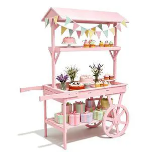 Candy Cart Display Stand, Flower Cart Stand with Wheels, Large Country Market Wooden Rolling Table Carts for Display Flower Candy Party Favors and Crafted Items, Easy to Assemble (Pink) Candy Cart Display Stand, Flower Cart Stand with Wheels, Large Country Market Wooden Rolling Table Carts for Display Flower Candy Party Favors and Crafted Items, Easy to Assemble (Pink)