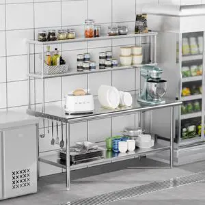 Stainless Steel Table with Overshelves 72" X 30", NSF Commercial Heavy Duty with Adjustable Undershelf & Detachable Hooks, Metal Prep Table for Kitchen, Restaurant, Home, Hotel Stainless Steel Table with Overshelves 72" X 30", NSF Commercial Heavy Duty with Adjustable Undershelf & Detachable Hooks, Metal Prep Table for Kitchen, Restaurant, Home, Hotel