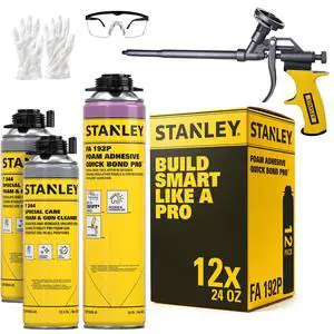 FA192P Quick Bond Pro Adhesive Foam (12x24oz) | Heavy Duty Polyurethane Foam Adhesive for Construction, Insulation Panels, Concrete, Wood, Metal, Fast Cure, Including Gun, Cleaner | 12 Pack FA192P Quick Bond Pro Adhesive Foam (12x24oz) | Heavy Duty Polyurethane Foam Adhesive for Construction, Insulation Panels, Concrete, Wood, Metal, Fast Cure, Including Gun, Cleaner | 12 Pack
