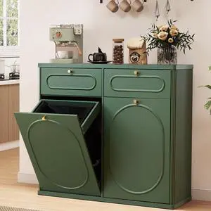 Double Tilt Out Trash Can Cabinet, Wood Kitchen Garbage Bin with Drawer, Fluted 10 Gallon Laundry Hamper Cabinet, Farmhouse Hidden Trash Can for Kitchen, Living Room, Green Double Tilt Out Trash Can Cabinet, Wood Kitchen Garbage Bin with Drawer, Fluted 10 Gallon Laundry Hamper Cabinet, Farmhouse Hidden Trash Can for Kitchen, Living Room, Green