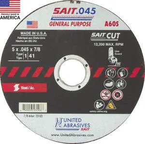 SAIT 23103 A60S General Purpose Cut-Off Wheels (Type 1/Type 41 Flat) 5" x.045" x 7/8", 50-Pack SAIT 23103 A60S General Purpose Cut-Off Wheels (Type 1/Type 41 Flat) 5" x.045" x 7/8", 50-Pack