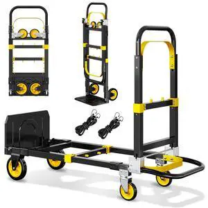 3 in 1 Convertible Folding Hand Truck, 600LBS Heavy Duty Dolly Cart with Adjustable Handle, Rubber Wheels & Securing Straps, Portable Luggage Trolley for Warehouse/Supermarket/Office, Yellow-Black 3 in 1 Convertible Folding Hand Truck, 600LBS Heavy Duty Dolly Cart with Adjustable Handle, Rubber Wheels & Securing Straps, Portable Luggage Trolley for Warehouse/Supermarket/Office, Yellow-Black
