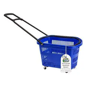 Rolling Shopping Basket with Wheels, 9.2 Gallon, Blue, Extendable Pull Handle, 60 LB Capacity, Heavy-Duty Plastic Rolling Shopping Basket with Wheels, 9.2 Gallon, Blue, Extendable Pull Handle, 60 LB Capacity, Heavy-Duty Plastic