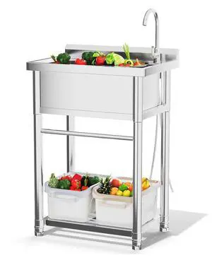 Stainless Steel Utility Sink, Free Standing Single Bowl Commercial Kitchen Sinks with Faucet & Shelf for Laundry Tub Restaurant Garage or Outdoor Use Stainless Steel Utility Sink, Free Standing Single Bowl Commercial Kitchen Sinks with Faucet & Shelf for Laundry Tub Restaurant Garage or Outdoor Use