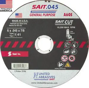SAIT 23106 A60S General Purpose Cut-Off Wheels (Type 1/Type 41 Flat) 6" x.045"x 7/8", 50-Pack SAIT 23106 A60S General Purpose Cut-Off Wheels (Type 1/Type 41 Flat) 6" x.045"x 7/8", 50-Pack