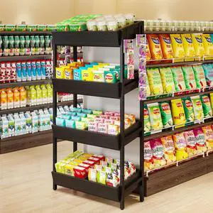 4-Tier Retail Display Rack, Wooden Snack Candy Stand, Concession Potato Chip Display Rack, Storage Shelf Organizer with Heavy-Duty Metal Frame, Easy Assembly(1, Black) 4-Tier Retail Display Rack, Wooden Snack Candy Stand, Concession Potato Chip Display Rack, Storage Shelf Organizer with Heavy-Duty Metal Frame, Easy Assembly(1, Black)