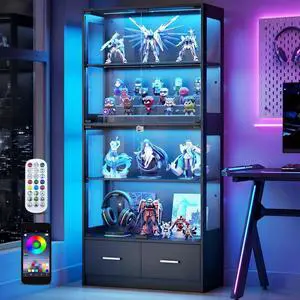67" Glass Display Cabinet - Seal Strip Display Case with Lock & RGB LED Lights for Collectibles, 2 Drawers Curio Cabinet for Living Room, Office, Black 67" Glass Display Cabinet - Seal Strip Display Case with Lock & RGB LED Lights for Collectibles, 2 Drawers Curio Cabinet for Living Room, Office, Black