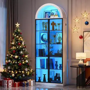 Display Cabinet with Doors and Adjustable Shelves, 76" Tall Display Case with LED Lights/Arch Storage Space, 6 Tier Bookcase for Collectibles Bedroom Living Room Office, White Display Cabinet with Doors and Adjustable Shelves, 76" Tall Display Case with LED Lights/Arch Storage Space, 6 Tier Bookcase for Collectibles Bedroom Living Room Office, White