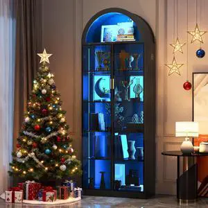 Arch Display Cabinet with Doors and Adjustable Shelves, 76" Tall Curio Cabinet with LED Lights/Storage Space, 6 Tier Display Case Bookcase for Collectibles Bedroom Living Room Office, Black Arch Display Cabinet with Doors and Adjustable Shelves, 76" Tall Curio Cabinet with LED Lights/Storage Space, 6 Tier Display Case Bookcase for Collectibles Bedroom Living Room Office, Black