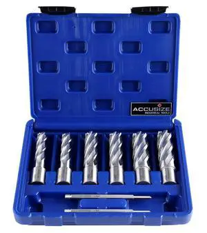 Accusize HSS Annular Cutter Set, 0519-0055 | 14, 18, 22mm C.D.; 55mm Cut Depth, 19.05mm Weldon Shank, 8 Pcs Accusize HSS Annular Cutter Set, 0519-0055 | 14, 18, 22mm C.D.; 55mm Cut Depth, 19.05mm Weldon Shank, 8 Pcs