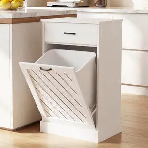 13 Gallons White Tilt Out Trash Cabinet, Kitchen Hidden Trash Bin Cabinet Wood Garbage Recycling Cabinet with Hideaway Drawer, Pet Proof Freestanding Trash Bin for Kitchen Living Room 13 Gallons White Tilt Out Trash Cabinet, Kitchen Hidden Trash Bin Cabinet Wood Garbage Recycling Cabinet with Hideaway Drawer, Pet Proof Freestanding Trash Bin for Kitchen Living Room