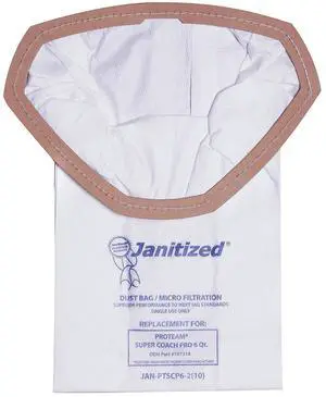 JAN-PTSCP6-2(10) Premium Replacement Commercial Vacuum Bag for ProTeam Super Coach Pro 6, GoFree Pro & ProVac FS 6 Qt. Vacuums(10-10 Packs) JAN-PTSCP6-2(10) Premium Replacement Commercial Vacuum Bag for ProTeam Super Coach Pro 6, GoFree Pro & ProVac FS 6 Qt. Vacuums(10-10 Packs)
