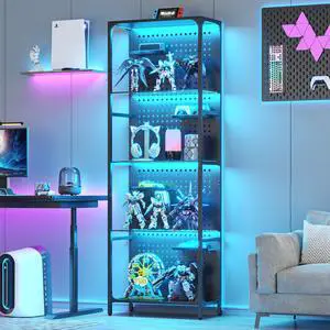 Glass Display Shelf for Collectibles, LED Black Shelf, Curio Cabinet, Lighted Tall Narrow Shelf with Pegboard Steel Frame for Gaming Room, Floor Lamp with Shelves, Living Room, Bedroom, Large Glass Display Shelf for Collectibles, LED Black Shelf, Curio Cabinet, Lighted Tall Narrow Shelf with Pegboard Steel Frame for Gaming Room, Floor Lamp with Shelves, Living Room, Bedroom, Large