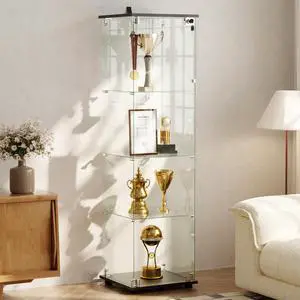 4-Tier Glass Display Cabinet with Lock, Clear Curio Cabinet with Single Glass Doors, for Collectibles, Figures, Trophy, Perfume, Toys, Wine, Lockable Glass Display Case for Home Office, Black 4-Tier Glass Display Cabinet with Lock, Clear Curio Cabinet with Single Glass Doors, for Collectibles, Figures, Trophy, Perfume, Toys, Wine, Lockable Glass Display Case for Home Office, Black
