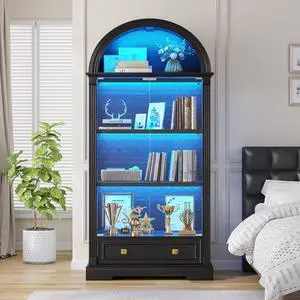 Display Cabinet with Glass Doors, 72" Tall Arched Curio Cabinet with Human Sensor Lights, 4-Tier Glass Display Case for Collectibles Bookcase Living Room Office, Black Display Cabinet with Glass Doors, 72" Tall Arched Curio Cabinet with Human Sensor Lights, 4-Tier Glass Display Case for Collectibles Bookcase Living Room Office, Black