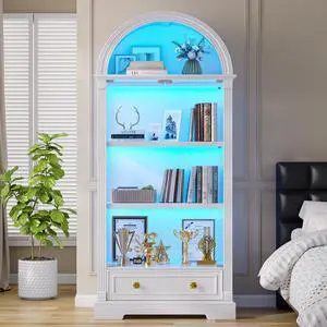 Arched Display Cabinet with Glass Doors, 72" Tall Curio Cabinet with Human Sensor Lights, 4-Tier Glass Display Case for Collectibles Bookcase Office, White Arched Display Cabinet with Glass Doors, 72" Tall Curio Cabinet with Human Sensor Lights, 4-Tier Glass Display Case for Collectibles Bookcase Office, White
