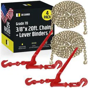 DC Cargo Chain Binder Kit (2 Sets) | 3/8" Grade 70 Extra Long 20 Foot Chain - and Load Binder Set | Heavy Duty Ratcheting Chain and Binder | Load Chain and Binders 6,600lb Working Load Limit As Set DC Cargo Chain Binder Kit (2 Sets) | 3/8" Grade 70 Extra Long 20 Foot Chain - and Load Binder Set | Heavy Duty Ratcheting Chain and Binder | Load Chain and Binders 6,600lb Working Load Limit As Set
