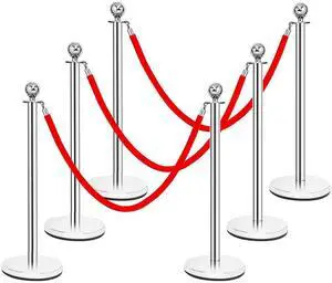 6Pcs Stainless Steel Stanchion Set, Stanchions and 5FT Red Velvet Ropes, Round Top Polished Silver Stanchion Posts Queue Line Pole, Crowd Control Safety Barriers for Theaters, Museum, Party 6Pcs Stainless Steel Stanchion Set, Stanchions and 5FT Red Velvet Ropes, Round Top Polished Silver Stanchion Posts Queue Line Pole, Crowd Control Safety Barriers for Theaters, Museum, Party