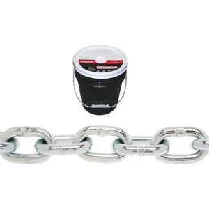 0140523 System 3 Grade 30 Low Carbon Steel Proof Coil Chain in Round Pail, Zinc Plated, 5/16" Trade, 0.31" Diameter, 92' Length, 1900 lbs Load Capacity 0140523 System 3 Grade 30 Low Carbon Steel Proof Coil Chain in Round Pail, Zinc Plated, 5/16" Trade, 0.31" Diameter, 92' Length, 1900 lbs Load Capacity