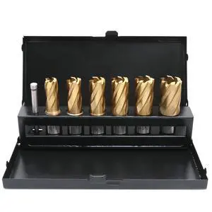 9/16" to 15/16", 7 pc TiN Coated H.S.S. Annular Cutter Set, 3/4'' Weldon Shank, 1'' Cutting, Plus a Pilot Pin, BC01-1000 | 9/16" to 15/16" C.D.; 1" Cut, TiN Coated, 3/4" Weldon Shank, 7 Pcs 9/16" to 15/16", 7 pc TiN Coated H.S.S. Annular Cutter Set, 3/4'' Weldon Shank, 1'' Cutting, Plus a Pilot Pin, BC01-1000 | 9/16" to 15/16" C.D.; 1" Cut, TiN Coated, 3/4" Weldon Shank, 7 Pcs