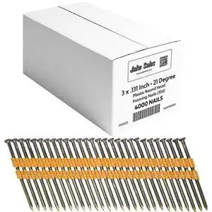 3 x.131 Inch (10d) 21 Degree - Plastic Collated - Bright Coated, Vinyl Coated Framing Nail- Full Box ~4000 Nails 3 x.131 Inch (10d) 21 Degree - Plastic Collated - Bright Coated, Vinyl Coated Framing Nail- Full Box ~4000 Nails