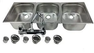 3-Large Compartment Drop-in Stainless Steel Concession Sink | Portable 3-basin sink with 12" faucet, bar drains, and basket strainers included. for food truck and concession stands 3-Large Compartment Drop-in Stainless Steel Concession Sink | Portable 3-basin sink with 12" faucet, bar drains, and basket strainers included. for food truck and concession stands