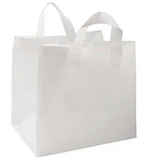 200 Pcs 12" x 10" x 14" Wide Gusset White Plastic Take Out Bags Soft Loop Handles & Cardboard Bottom To Go Bags for Cake, Food Service and Shopping 200 Pcs 12" x 10" x 14" Wide Gusset White Plastic Take Out Bags Soft Loop Handles & Cardboard Bottom To Go Bags for Cake, Food Service and Shopping