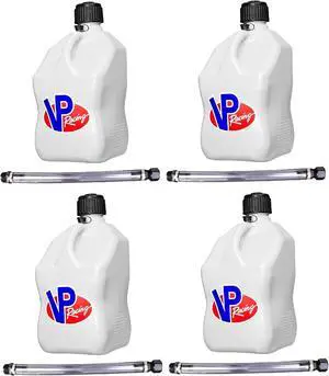 5.5 Gallon Square Motorsport Jug White w/ 14" Standard Hose (4 Pack) Close-Trimmed Cap and Neck for Tight Seal 5.5 Gallon Square Motorsport Jug White w/ 14" Standard Hose (4 Pack) Close-Trimmed Cap and Neck for Tight Seal