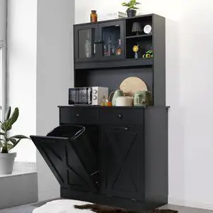 Dual Tilt Out Trash&Storage Cabinet, Kitchen Sideboard Cupboard W/Pet Proof 10X2 Gal Hidden Garbage Holder, Freestand Laundry Sort Cabinet, W/Drawer, Shelves,Barn Door (Black) Dual Tilt Out Trash&Storage Cabinet, Kitchen Sideboard Cupboard W/Pet Proof 10X2 Gal Hidden Garbage Holder, Freestand Laundry Sort Cabinet, W/Drawer, Shelves,Barn Door (Black)