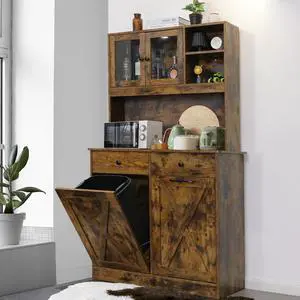 Dual Tilt Out Trash&Storage Cabinet, Kitchen Sideboard Cupboard W/Pet Proof 10X2 Gal Hidden Garbage Holder, Freestand Laundry Sort Cabinet, W/Drawer, Shelves,Barn Door (Vintage Wood) Dual Tilt Out Trash&Storage Cabinet, Kitchen Sideboard Cupboard W/Pet Proof 10X2 Gal Hidden Garbage Holder, Freestand Laundry Sort Cabinet, W/Drawer, Shelves,Barn Door (Vintage Wood)