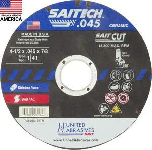 SAIT 23174 Saitech High Performance Cut-Off Wheels (Type 1/Type 41 Flat) 4 1/2" x.045" x 7/8", 50-Pack SAIT 23174 Saitech High Performance Cut-Off Wheels (Type 1/Type 41 Flat) 4 1/2" x.045" x 7/8", 50-Pack