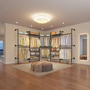 L Shape Closet Rack Wall Mount for Corner, Heavy Duty Hanging Garment Rack Clothing Rack with 8 Adjustable Shelves & 4 Hanger Rods, Closet System for Hanging Clothes, Black L Shape Closet Rack Wall Mount for Corner, Heavy Duty Hanging Garment Rack Clothing Rack with 8 Adjustable Shelves & 4 Hanger Rods, Closet System for Hanging Clothes, Black