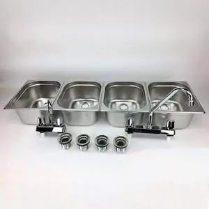 4-Large Compartment Drop-in Stainless Steel Concession Sink | Portable 4-basin sink with Dual faucet, bar drains, and basket strainers included. for food truck and concession stands 4-Large Compartment Drop-in Stainless Steel Concession Sink | Portable 4-basin sink with Dual faucet, bar drains, and basket strainers included. for food truck and concession stands