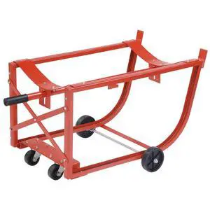 Easy-Steer Drum Cradle with Retractable Handle, For Use with 55 Gallon Steel Drums, 5" & 3" Polyolefin Wheels, 600 Lbs Capacity, Steel Construction Easy-Steer Drum Cradle with Retractable Handle, For Use with 55 Gallon Steel Drums, 5" & 3" Polyolefin Wheels, 600 Lbs Capacity, Steel Construction