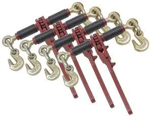 (4 Pack) Chain Binder Ratchet Style 5/16-3/8" Gold Chromate Hooks 7,100# WLL w/Easy Grips on Barrel (4 Pack) Chain Binder Ratchet Style 5/16-3/8" Gold Chromate Hooks 7,100# WLL w/Easy Grips on Barrel