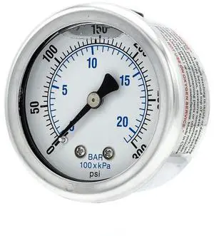 25 Pack of Liquid Filled Center Back Mount Pressure Gauge with 2" Dial, 0-300 PSI, 1/8" Male NPT Connection, Stainless Steel CASE and Bezel (25) 25 Pack of Liquid Filled Center Back Mount Pressure Gauge with 2" Dial, 0-300 PSI, 1/8" Male NPT Connection, Stainless Steel CASE and Bezel (25)