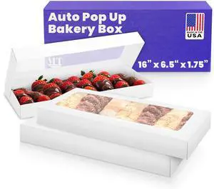 Chocolate Covered Strawberry Box 16" x 6.5" x 1.75" - Auto Pop-Up White Bakery Boxes (Pack of 125) - Made in the USA Chocolate Covered Strawberry Box 16" x 6.5" x 1.75" - Auto Pop-Up White Bakery Boxes (Pack of 125) - Made in the USA