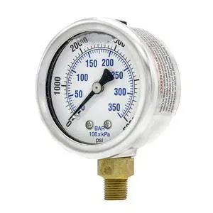 25 Pack of Liquid Filled Lower Mount Pressure Gauge with 2" Dial, 0-5000 PSI, 1/8" Male NPT Connection, Stainless Steel CASE and Bezel (25) 25 Pack of Liquid Filled Lower Mount Pressure Gauge with 2" Dial, 0-5000 PSI, 1/8" Male NPT Connection, Stainless Steel CASE and Bezel (25)