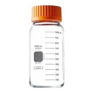 Corning Borosilicate Glass Cylindrical Wide Mouth Media Storage Bottle with GLS80 Screw Cap, 1000ml Capacity (Case of 10) Corning Borosilicate Glass Cylindrical Wide Mouth Media Storage Bottle with GLS80 Screw Cap, 1000ml Capacity (Case of 10)