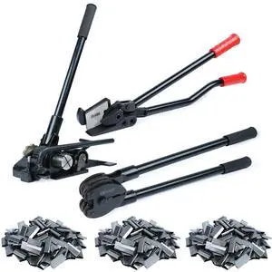 Steel Strapping Kit Tool Set for Pallet Packaging - Tensioner, Sealer, Cutter, 300 Open Seals for 3/4" Steel Metal Banding Steel Strapping Kit Tool Set for Pallet Packaging - Tensioner, Sealer, Cutter, 300 Open Seals for 3/4" Steel Metal Banding