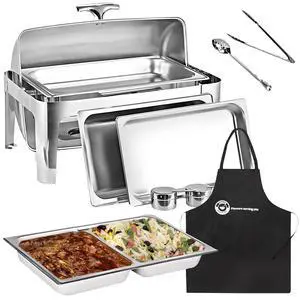 8 QT Deluxe Rectangular Roll-Top Chafing Dish Bundle - Includes Water Pan, 1 Full Size & Sectional Food Pans, 1 Tung & Serving Spoon, Fuel Holders - Buffet Food Warmer for Catering and Events 8 QT Deluxe Rectangular Roll-Top Chafing Dish Bundle - Includes Water Pan, 1 Full Size & Sectional Food Pans, 1 Tung & Serving Spoon, Fuel Holders - Buffet Food Warmer for Catering and Events