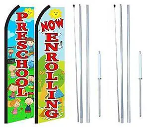 Now Enrolling Preschool King Flags 2 Pack | 3 ft x 11.5 ft Outdoor Feather Flags for Preschool Advertising | Weatherproof Polyester Signs (With Complete Hybrid Pole Set) Now Enrolling Preschool King Flags 2 Pack | 3 ft x 11.5 ft Outdoor Feather Flags for Preschool Advertising | Weatherproof Polyester Signs (With Complete Hybrid Pole Set)