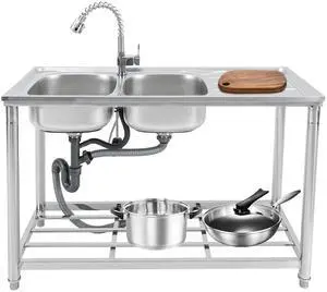 Stainless Steel Sink, Commercial Restaurant Kitchen Sink, Freestanding Double Bowl Sink Set with Worktop and Faucet for Indoor and Outdoor Stainless Steel Sink, Commercial Restaurant Kitchen Sink, Freestanding Double Bowl Sink Set with Worktop and Faucet for Indoor and Outdoor